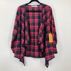 Andree By UNIT Red Blue Plaid Waterfall Open Front Lightweight Cardigan Sweater